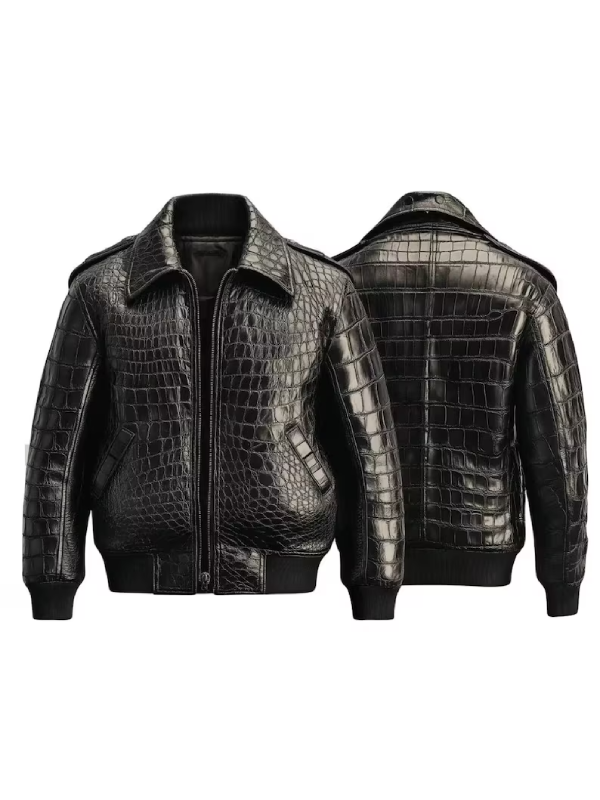 Luxury Men's Black Crocodile Embossed Leather Bomber Jacket