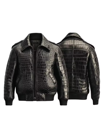 Luxury Men's Black Crocodile Embossed Leather Bomber Jacket