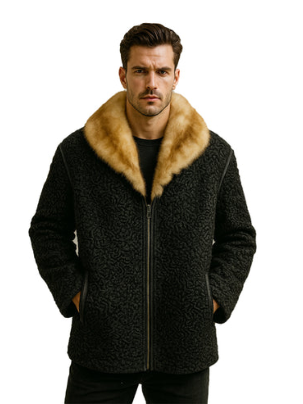 Luxury Men’s Black Persian Lamb Fur Coat with Mink Collar