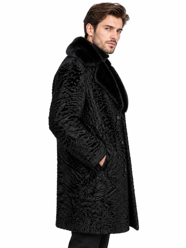 Luxury Men’s Black Persian Lamb Fur Coat with Real Mink Collar