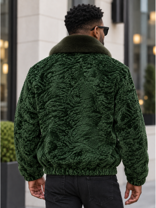 Luxury Men’s Green Fur Bomber Jacket