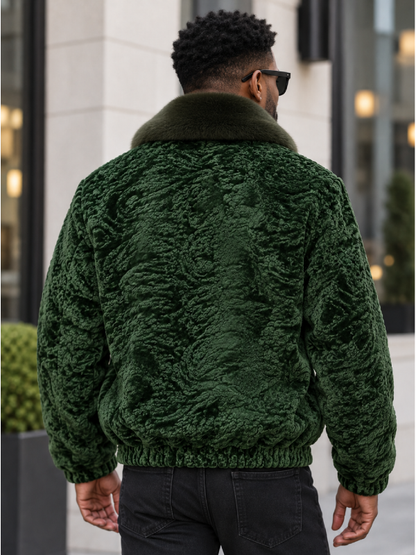 Luxury Men’s Green Fur Bomber Jacket