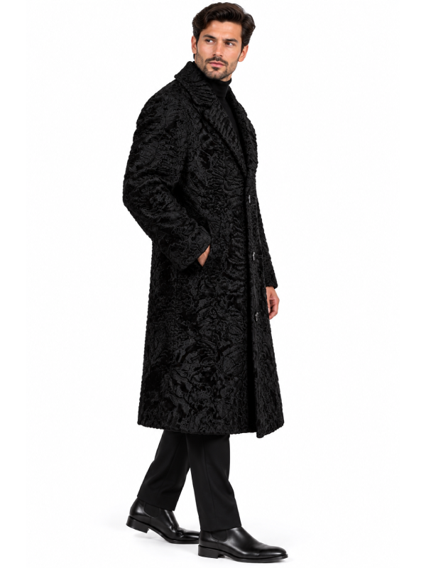 Luxury Men’s Persian Lamb Fur Overcoat Featuring Mink Fur Collar