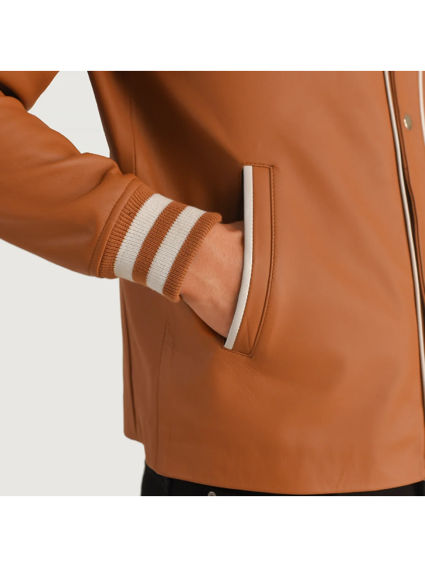 Men Willis Tan Brown Leather Varsity Jacket