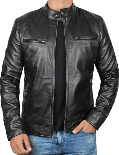 Men's Black Lambskin Leather Cafe Racer Jacket