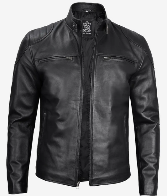 Men's Black Lambskin Leather Cafe Racer Jacket