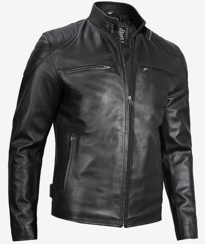 Men's Black Lambskin Leather Cafe Racer Jacket