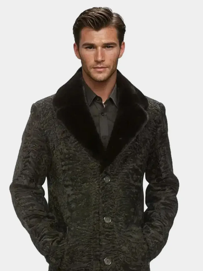 Men's Black Persian Lamb Fur Mink Collar Long Coat