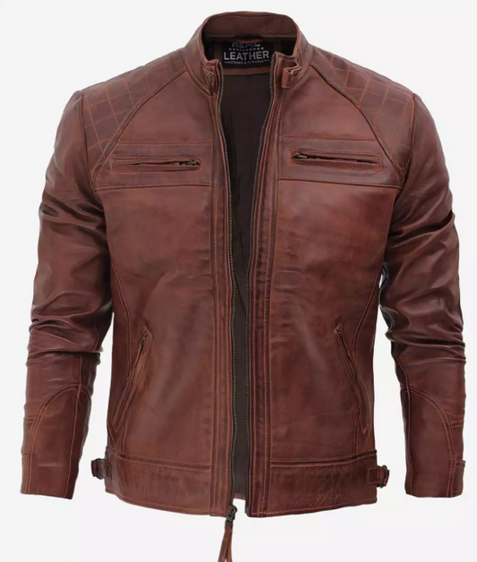 Men's Cafe Racer Cognac Leather Jacket - Quilted Shoulder