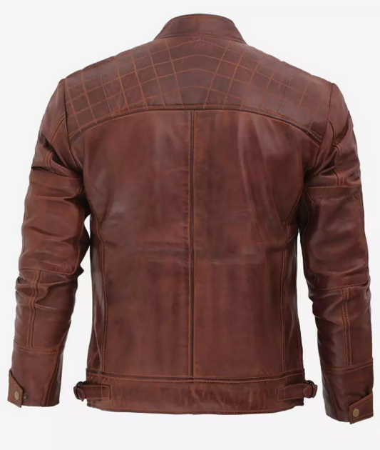 Men's Cafe Racer Cognac Leather Jacket - Quilted Shoulder