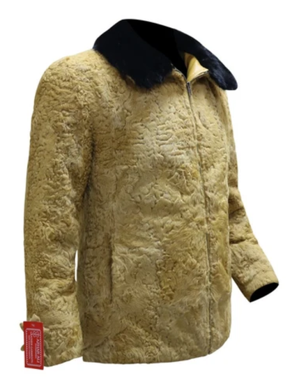 Mens Mustard Brown Persian Lamb Fur Winter Style Bomber Jacket