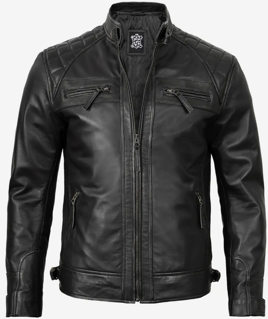 Men's Quilted Shoulder Black Cafe Racer Leather Jacket