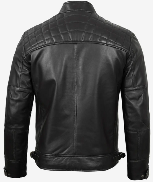 Men's Quilted Shoulder Black Cafe Racer Leather Jacket