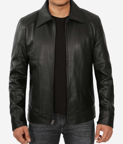 Men's Shirt Collar Classic Black Leather Jacket