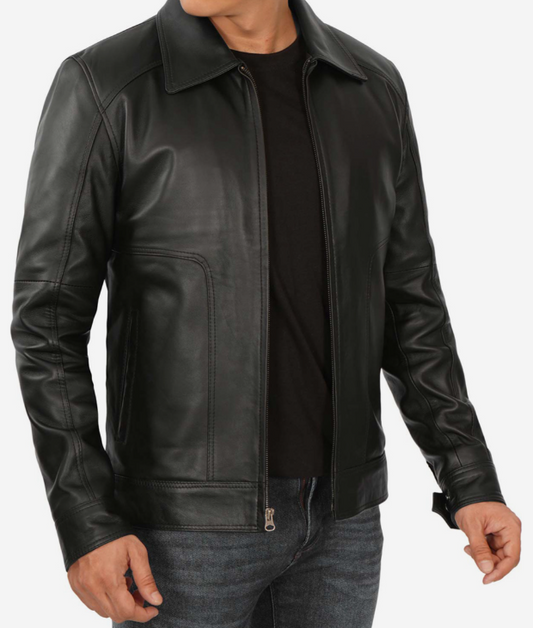 Men's Shirt Collar Classic Black Leather Jacket