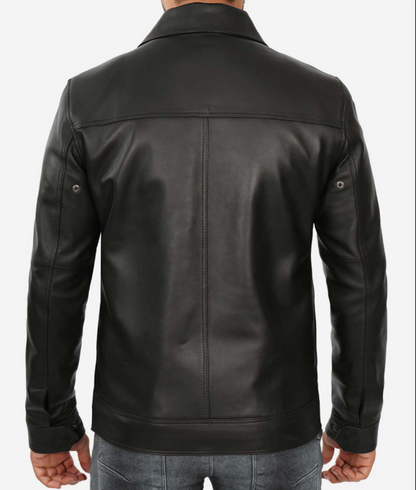 Men's Shirt Collar Classic Black Leather Jacket