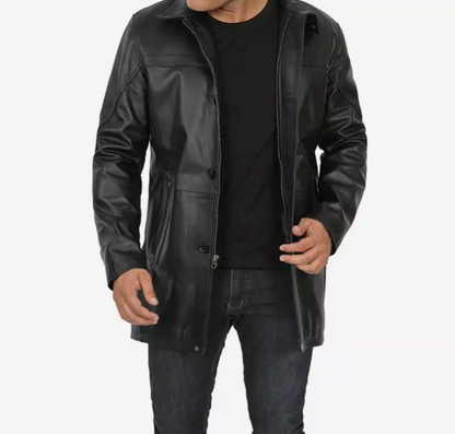 Men's Tall Black Leather Car Coat – 3/4 Length Jacket