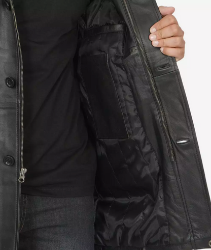 Men's Tall Black Leather Car Coat – 3/4 Length Jacket