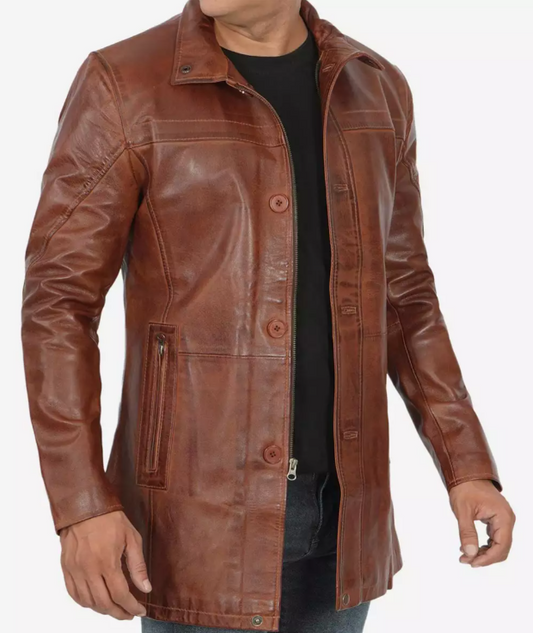 Men's Tall Premium Cognac Waxed Leather Car Coat