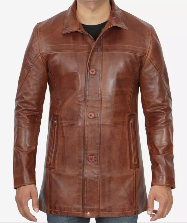 Men's Tall Premium Cognac Waxed Leather Car Coat