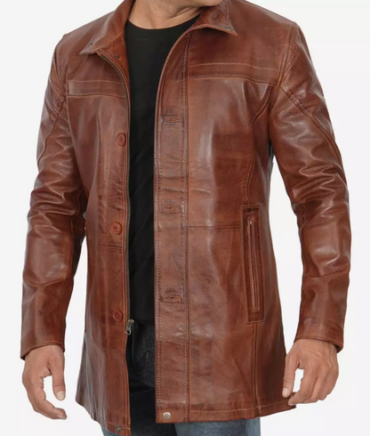 Men's Tall Premium Cognac Waxed Leather Car Coat