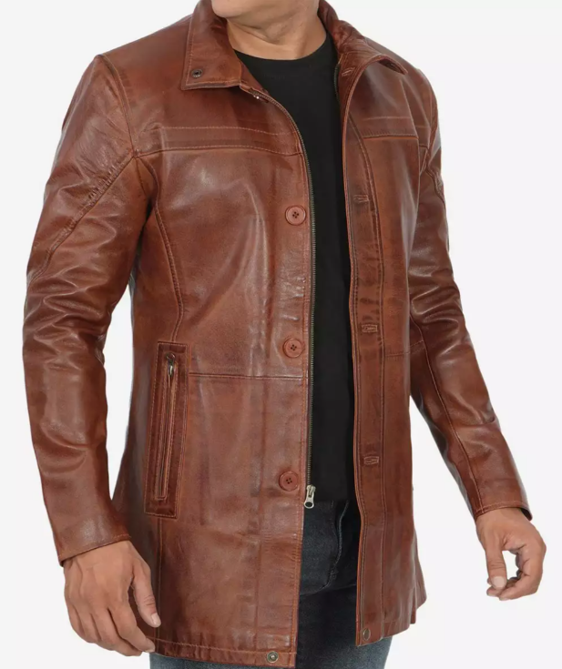 Men's Tall Premium Cognac Waxed Leather Car Coat