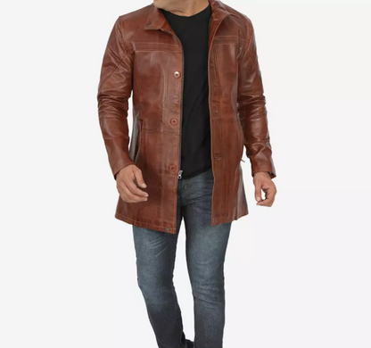 Men's Tall Premium Cognac Waxed Leather Car Coat