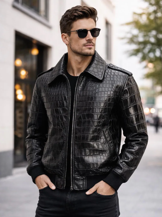 Men's Black Crocodile Embossed Leather Bomber Jacket