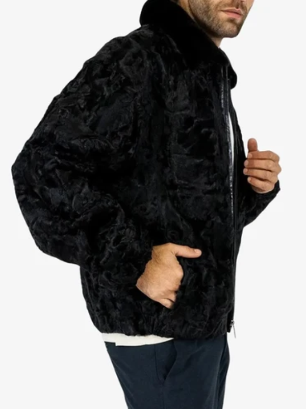 Men’s Black Fur Coat Persian Lamb with Luxury Mink Collar
