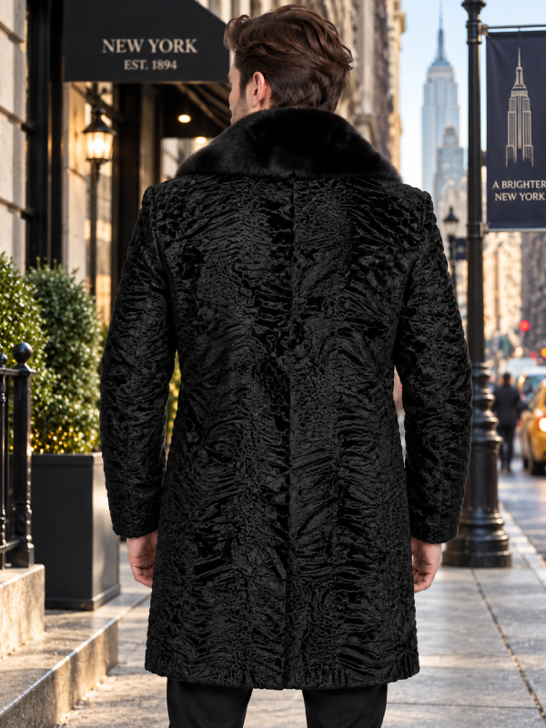 Men’s Black Fur Long Coat  Persian Lamb with Mink Collar