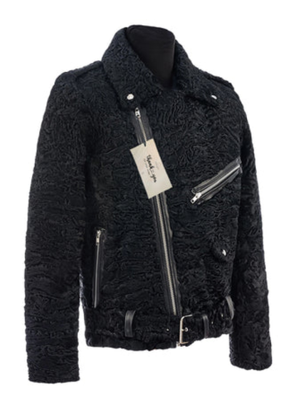 Men’s Black Leather Biker Jacket with Persian Lamb Fur