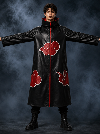 Men's Black Leather Ninja Coat Samurai Cosplay Robe Jacket