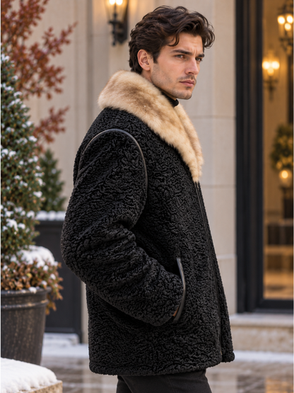 Men’s Black Persian Lamb Fur Coat with Cream Mink Fur Collar