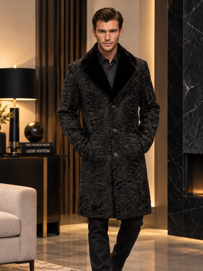 Men's Black Persian Lamb Fur Coat with Real Mink Collar