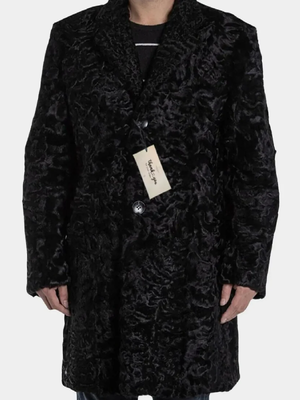 Men's Black Persian Lamb Fur Long Coat with Mink Collar