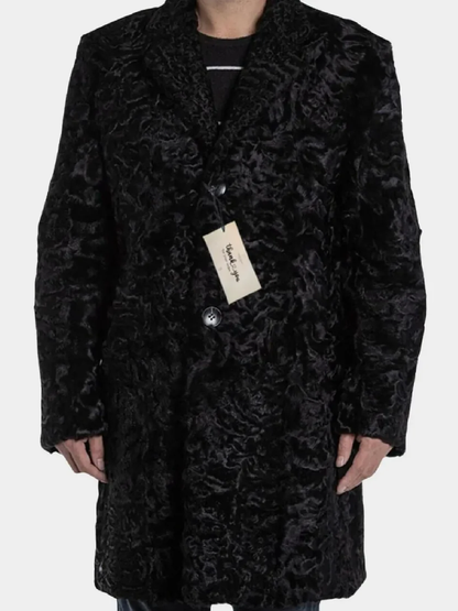 Men's Black Persian Lamb Fur Long Coat with Mink Collar