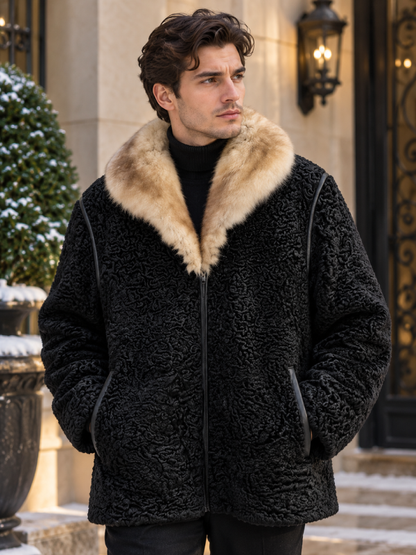 Men’s Black Persian Lamb Overcoat with Cream Mink Fur Collar