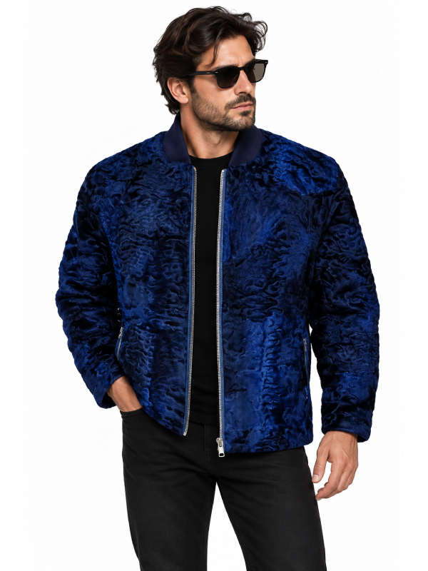 Men’s Blue Fur Jacket Persian Lamb Bomber