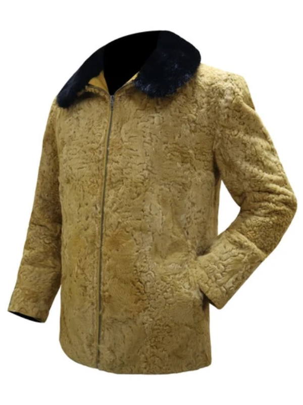 Men’s Brown Persian Lamb Fur Jacket with Black Fur Collar