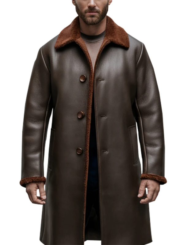Men s Brown Shearling Lined Winter Outerwear Leather Coat