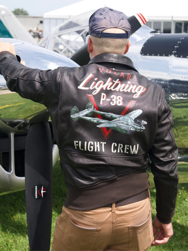 Men’s Dark Brown A-2 Pilot Flight Leather P-38 WWII Graphic Printed Back Bomber Jacket