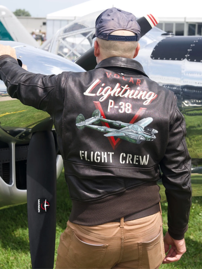 Men’s Dark Brown A-2 Pilot Flight Leather P-38 WWII Graphic Printed Back Bomber Jacket