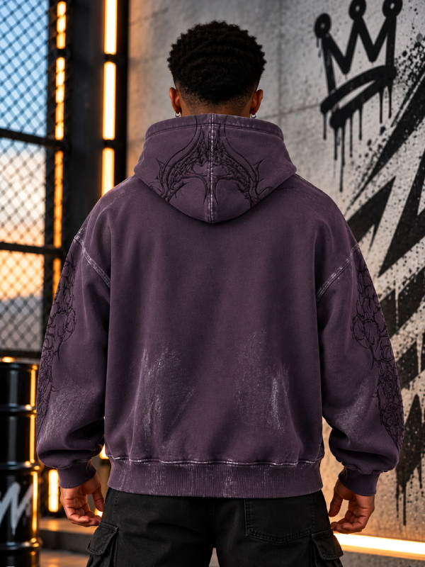 Men’s Distressed Hoodie with Gothic Sleeve Tattoo Print