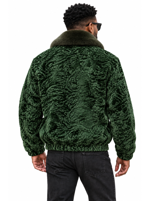 Men’s Emerald Green Persian Lamb Fur Jacket with Premium Mink Collar