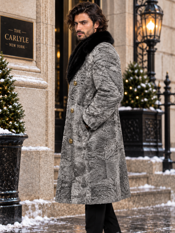 Men's Gray Fur Coat with Mink Fur Collar Long Winter Coat