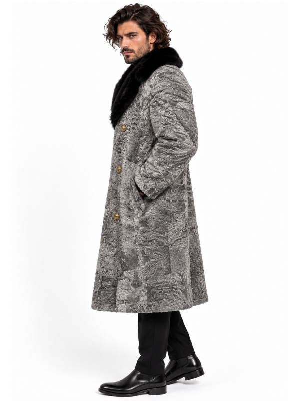 Men's Gray Persian Lamb Fur Coat with Mink Fur Collar
