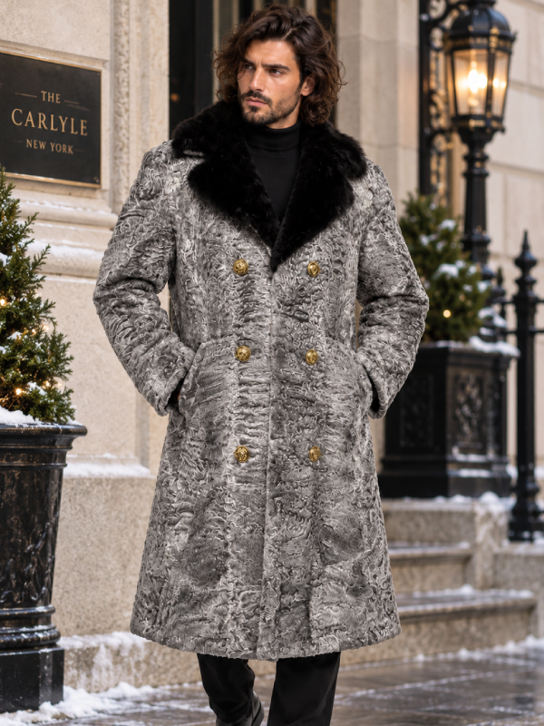 Men's Gray Persian Lamb Fur Long Coat with Mink Collar