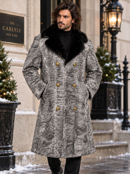 Men's Gray Persian Lamb Fur Long Coat with Mink Collar