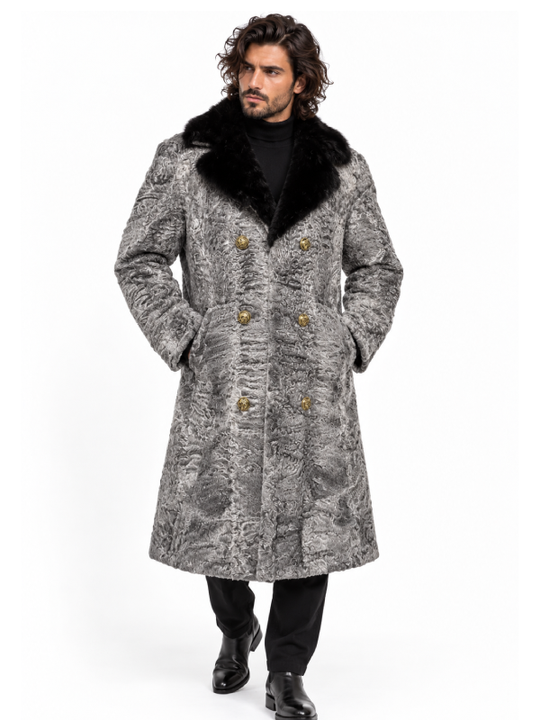Men's Gray Persian Lamb Fur Long Winter Coat