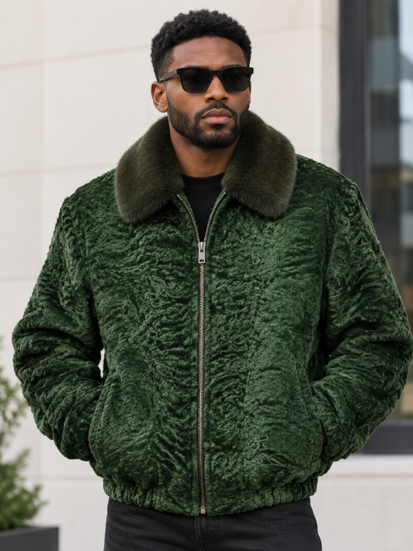 Men’s Green Persian Lamb Fur Bomber Jacket with Mink Fur Collar